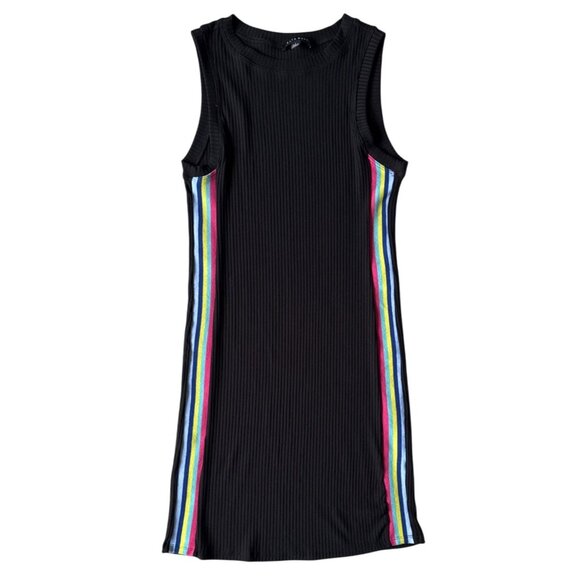 Haute Monde Black Sleeveless Ribbed Dress With Rainbow Side Stripes Polyester Bl - Picture 1 of 8